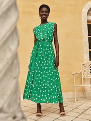 Love & Roses Green Spot Scallop Detail Pleated Midi Dress - Image 1 of 4