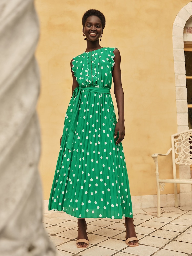 Love & Roses Green Spot Scallop Detail Pleated Midi Dress - Image 1 of 4