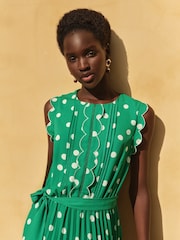 Love & Roses Green Spot Scallop Detail Pleated Midi Dress - Image 2 of 4