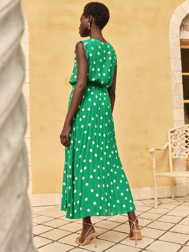 Love & Roses Green Spot Scallop Detail Pleated Midi Dress - Image 3 of 4