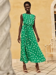 Love & Roses Green Spot Scallop Detail Pleated Midi Dress - Image 4 of 4