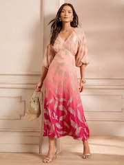 Love & Roses Pink Feather Metallic Puff Sleeve Midi Dress - Image 1 of 5