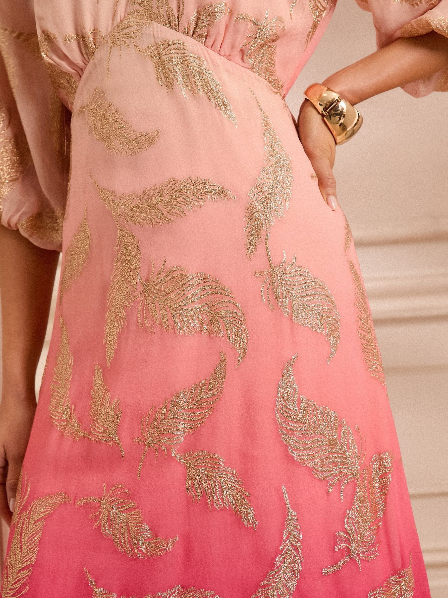 Buy Love & Roses Pink Feather Metallic Puff Sleeve Midi Dress from