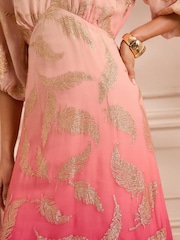 Love & Roses Pink Feather Metallic Puff Sleeve Midi Dress - Image 3 of 5