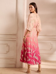 Love & Roses Pink Feather Metallic Puff Sleeve Midi Dress - Image 4 of 5