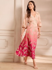 Love & Roses Pink Feather Metallic Puff Sleeve Midi Dress - Image 5 of 5