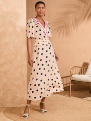 Love & Roses Ivory Spot Embroidered V-Neck Short Sleeve Midi Dress - Image 1 of 4