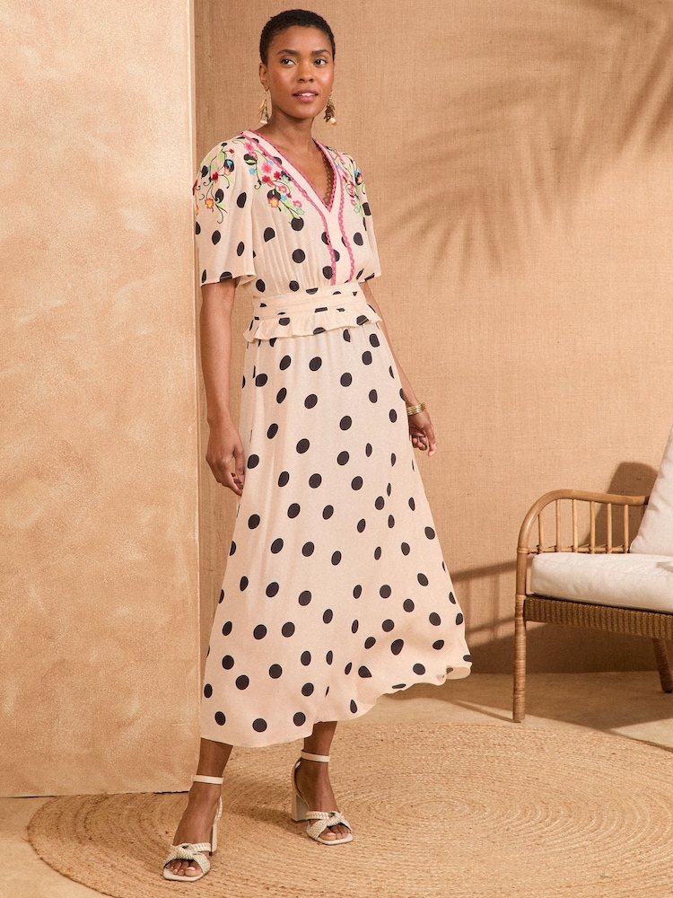 Love & Roses Ivory Spot Embroidered V-Neck Short Sleeve Midi Dress - Image 1 of 4