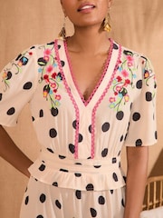 Love & Roses Ivory Spot Embroidered V-Neck Short Sleeve Midi Dress - Image 2 of 4