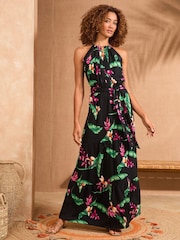 Negro tropical - Love & Roses Halter Neck Trim Detail Belted Midaxi Dress - Imagen 1 de 4