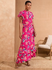 Love & Roses Pink Floral Print Embellished Metallic High Neck Ruffle Peplum Midi Dress - Image 1 of 4
