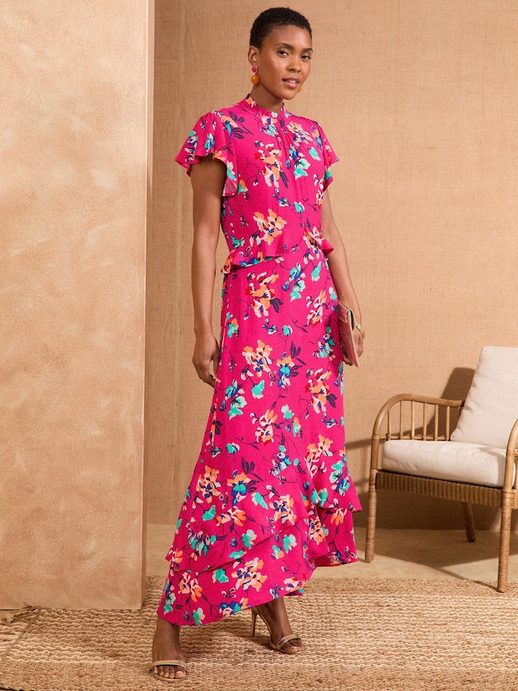 Love & Roses Pink Floral Print Embellished Metallic High Neck Ruffle Peplum Midi Dress - Image 1 of 4