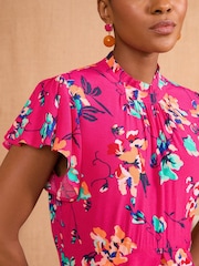 Love & Roses Pink Floral Print Embellished Metallic High Neck Ruffle Peplum Midi Dress - Image 2 of 4