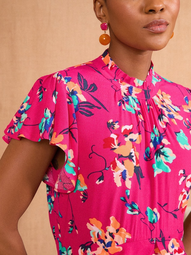 Love & Roses Pink Floral Print Embellished Metallic High Neck Ruffle Peplum Midi Dress - Image 2 of 4