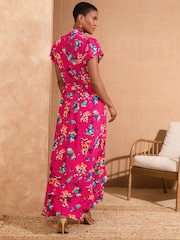 Love & Roses Pink Floral Print Embellished Metallic High Neck Ruffle Peplum Midi Dress - Image 4 of 4