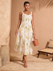 Love & Roses Ivory Floral 100% Cotton Broderie Full Skirt Midi Sundress - Image 1 of 4