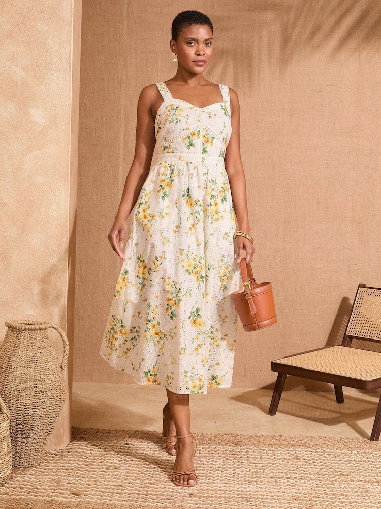 Love & Roses Ivory Floral 100% Cotton Broderie Full Skirt Midi Sundress - Image 1 of 4