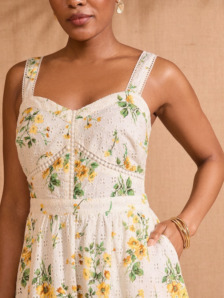 Love & Roses Ivory Floral 100% Cotton Broderie Full Skirt Midi Sundress - Image 2 of 4