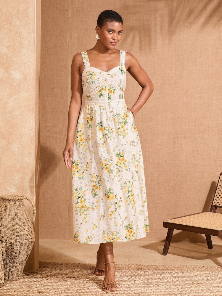 Love & Roses Ivory Floral 100% Cotton Broderie Full Skirt Midi Sundress - Image 3 of 4