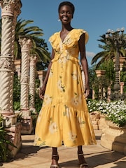 Love & Roses Buttermilk Floral Ruffle V-Neck Short Sleeve Midi Dress - Image 1 of 4
