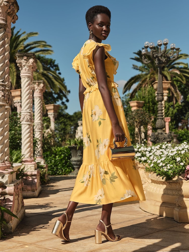 Love & Roses Buttermilk Floral Ruffle V-Neck Short Sleeve Midi Dress - Image 2 of 4