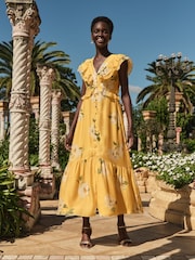 Love & Roses Buttermilk Floral Ruffle V-Neck Short Sleeve Midi Dress - Image 4 of 4