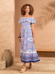 Love & Roses Blue Tile Printed 100% Cotton Bardot Ruffle Midaxi Dress - Image 1 of 4
