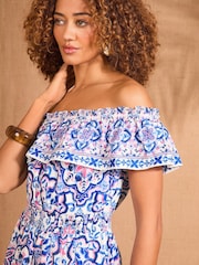 Love & Roses Blue Tile Printed 100% Cotton Bardot Ruffle Midaxi Dress - Image 2 of 4
