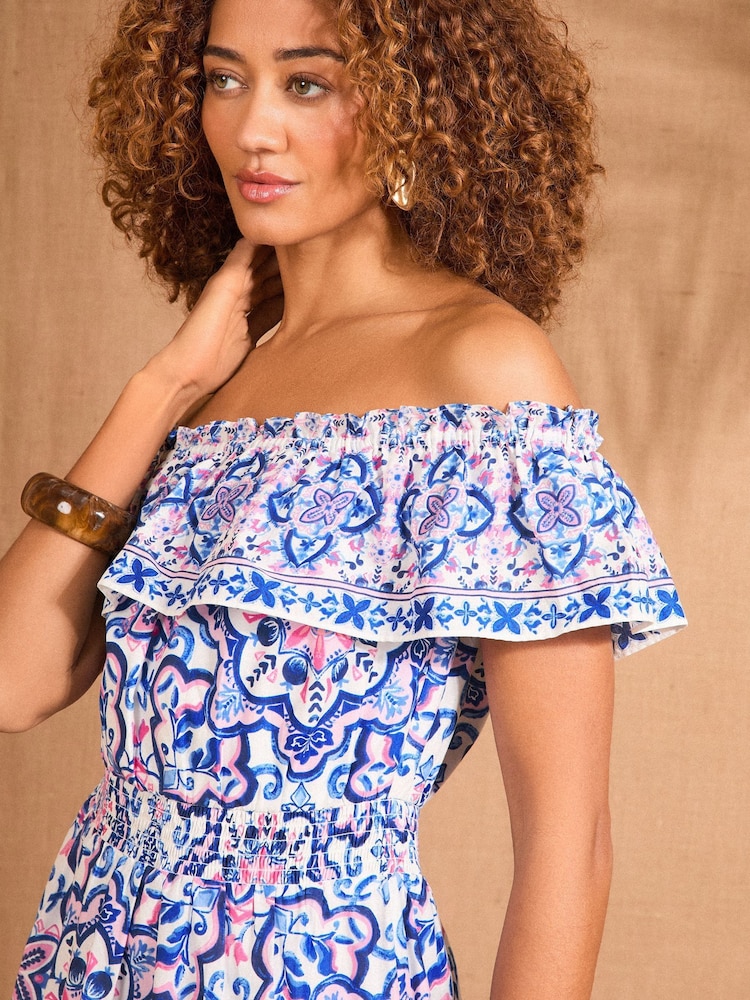Love & Roses Blue Tile Printed 100% Cotton Bardot Ruffle Midaxi Dress - Image 2 of 4 Love & Roses Blue Tile Printed 100% Cotton Bardot Ruffle Midaxi Dress - Image 2 of 4