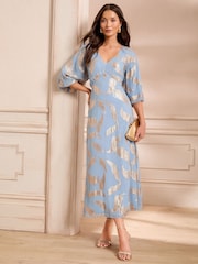 Love & Roses Blue Feather Metallic Puff Sleeve Midi Dress - Image 1 of 5