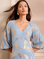 Love & Roses Blue Feather Metallic Puff Sleeve Midi Dress - Image 2 of 5