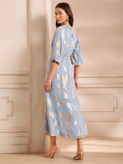 Love & Roses Blue Feather Metallic Puff Sleeve Midi Dress - Image 3 of 5