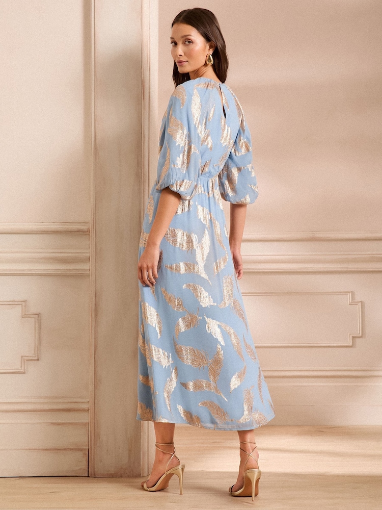 Love & Roses Blue Feather Metallic Puff Sleeve Midi Dress - Image 3 of 5