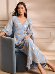 Love & Roses Blue Feather Metallic Puff Sleeve Midi Dress - Image 4 of 5