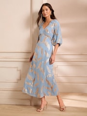 Love & Roses Blue Feather Metallic Puff Sleeve Midi Dress - Image 5 of 5