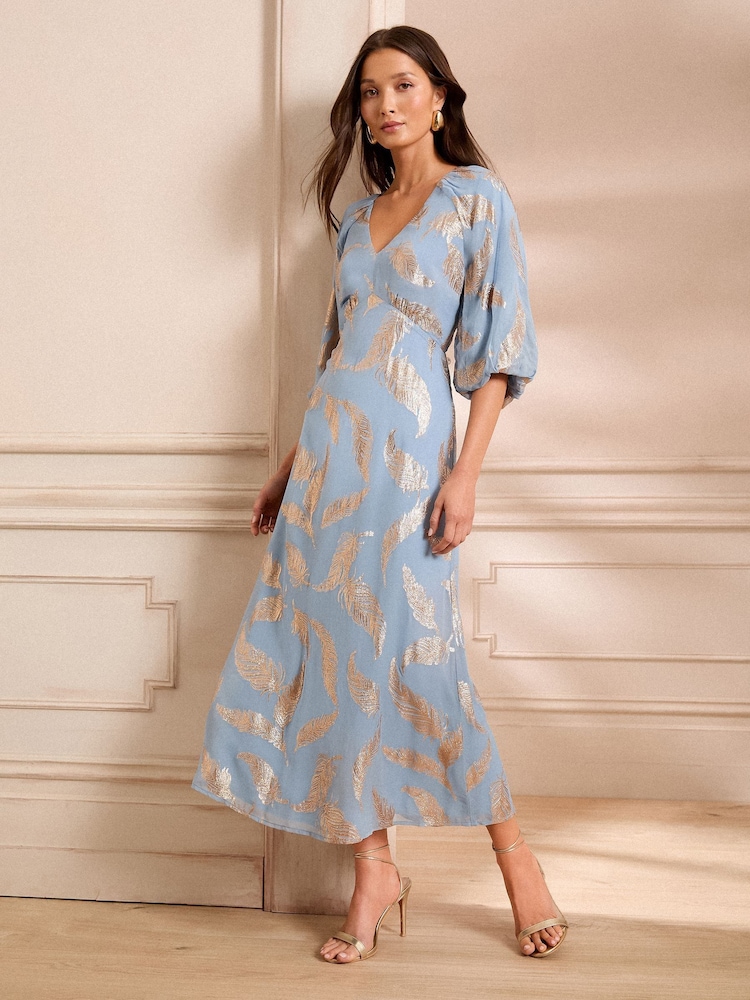 Love & Roses Blue Feather Metallic Puff Sleeve Midi Dress - Image 5 of 5