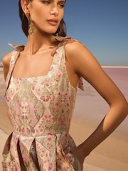 V&A I Love & Roses Ivory Floral Metallic Structured Pleated Midi Dress - Image 2 of 5