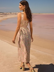 V&A I Love & Roses Ivory Floral Metallic Structured Pleated Midi Dress - Image 5 of 5