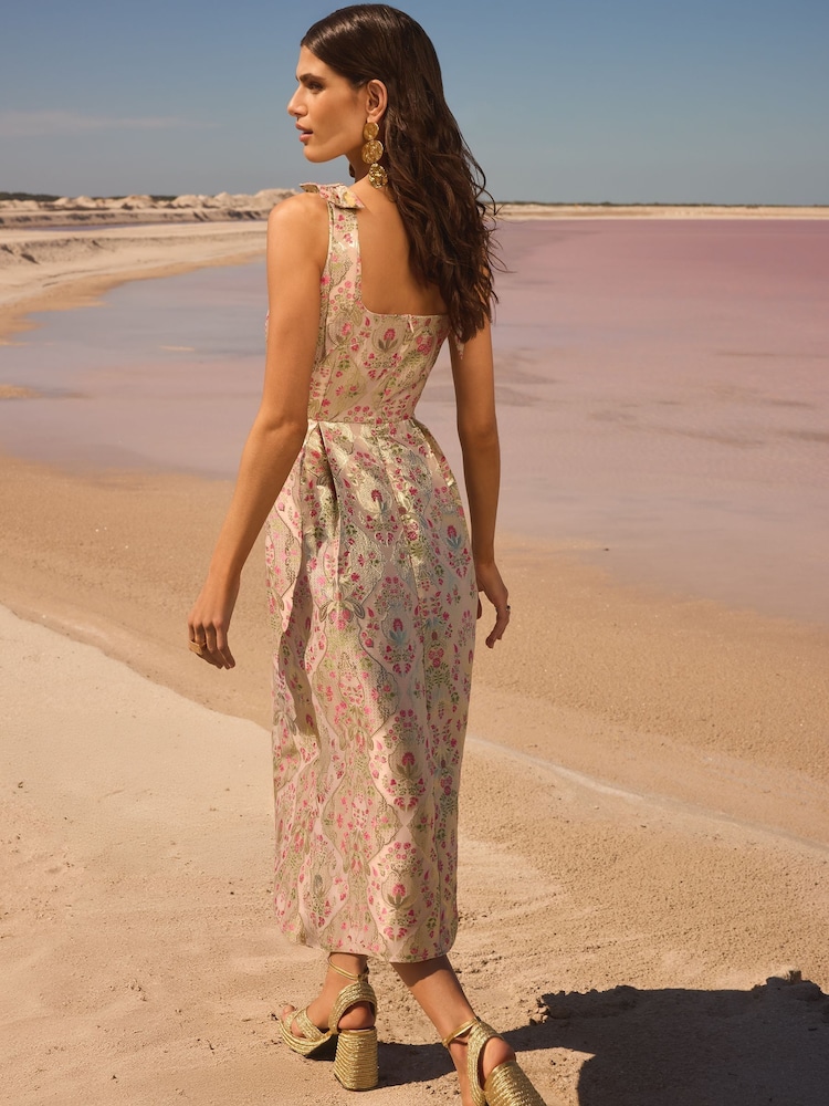 V&A I Love & Roses Ivory Floral Metallic Structured Pleated Midi Dress - Image 5 of 5