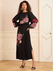 Love & Roses Black Floral Embellished Midi Dress - Image 1 of 4