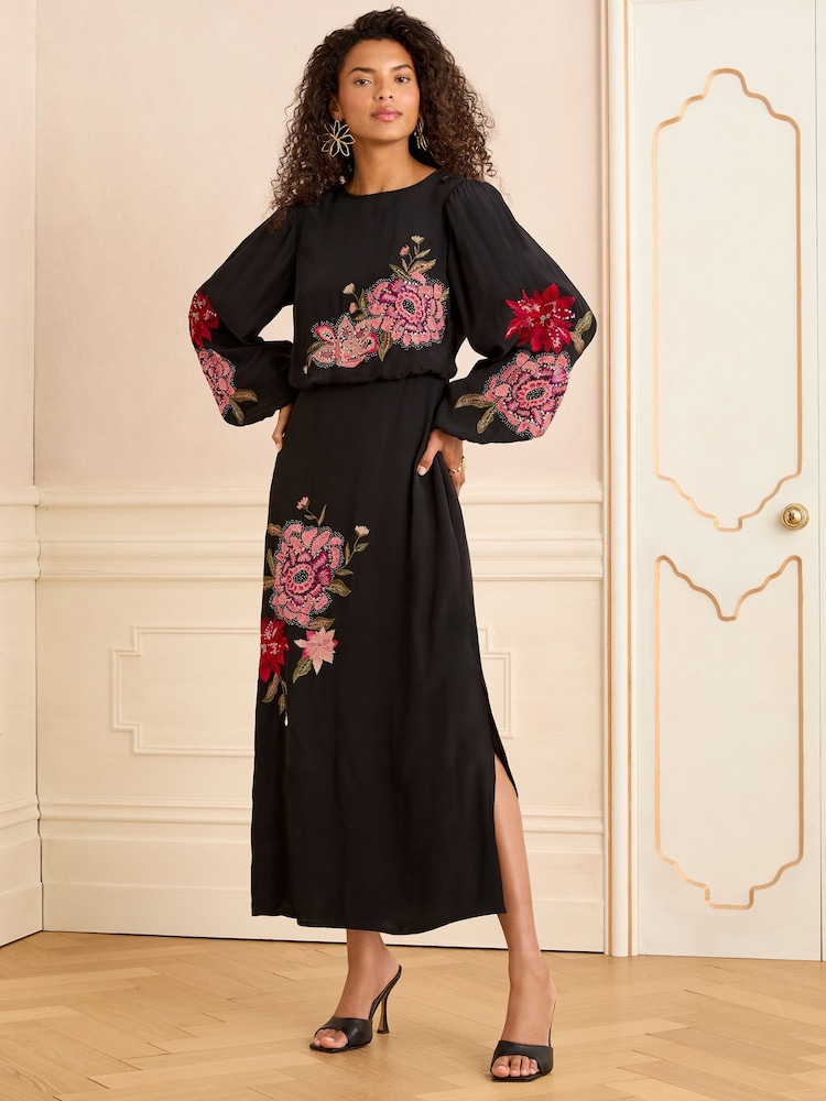 Love & Roses Black Floral Embellished Midi Dress - Image 1 of 4