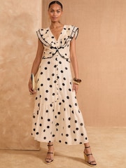 Love & Roses Black/White Petite Ruffle V-Neck Short Sleeve Midi Dress - Image 1 of 4