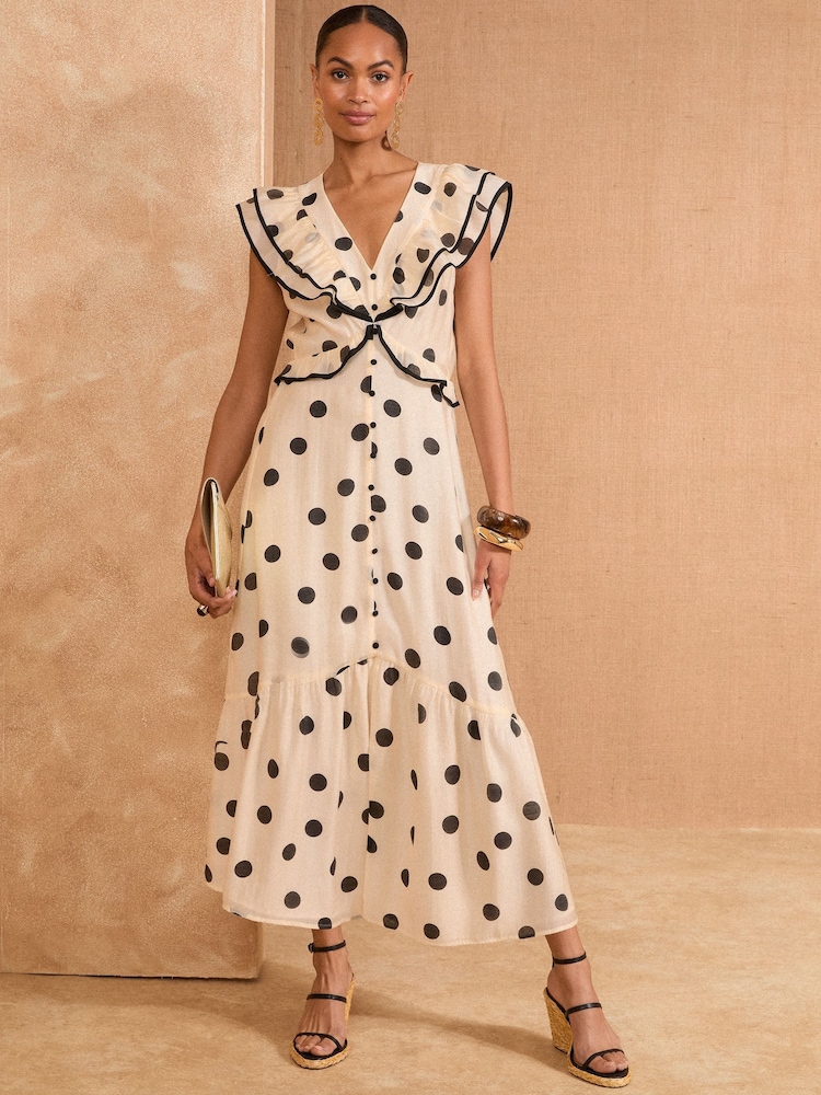 Love & Roses Black/White Petite Ruffle V-Neck Short Sleeve Midi Dress - Image 1 of 4