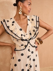 Love & Roses Black/White Petite Ruffle V-Neck Short Sleeve Midi Dress - Image 2 of 4