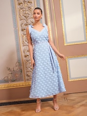 Love & Roses Blue Petite Tie Shoulder Midi Dress - Image 1 of 4