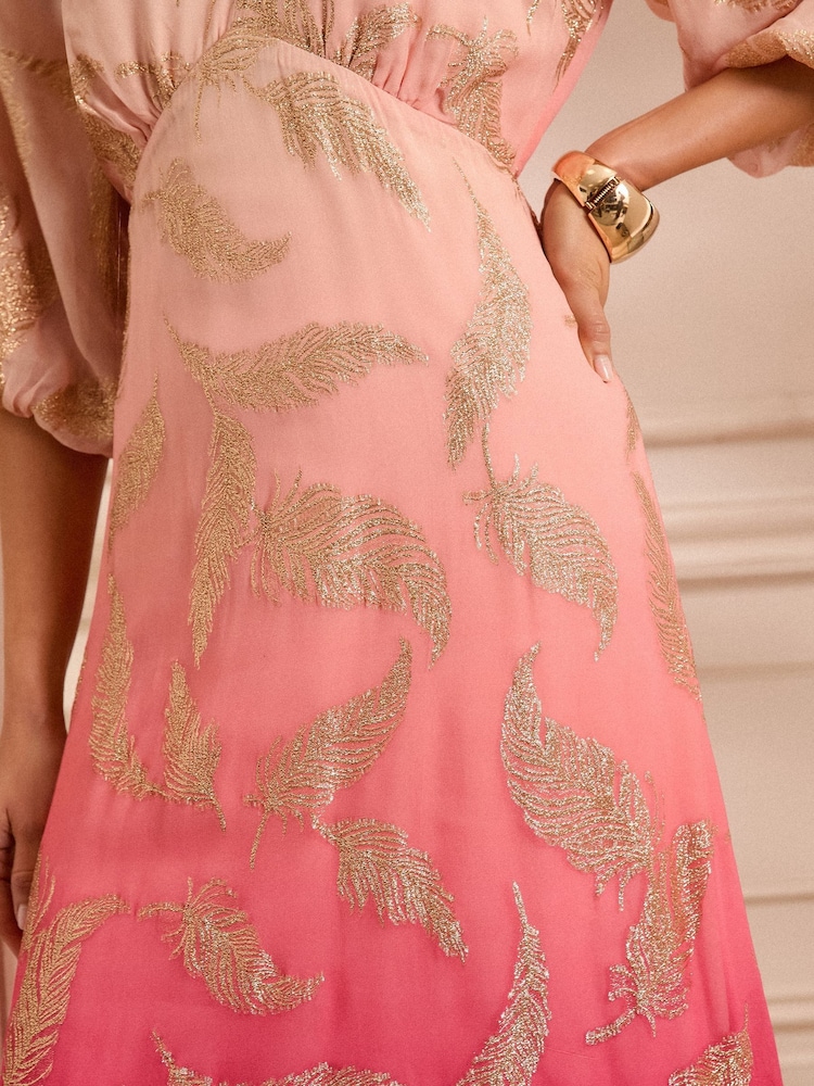 Love & Roses Pink Petite Feather Metallic Puff Sleeve Midi Dress - Image 3 of 5