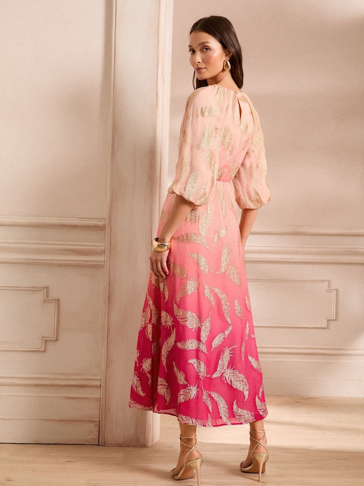 Love & Roses Pink Petite Feather Metallic Puff Sleeve Midi Dress - Image 4 of 5