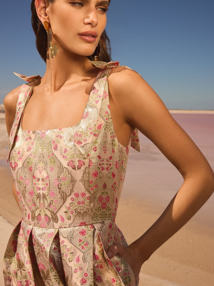V&A I Love & Roses Ivory Floral Petite Metallic Structured Pleated Midi Dress - Image 2 of 5