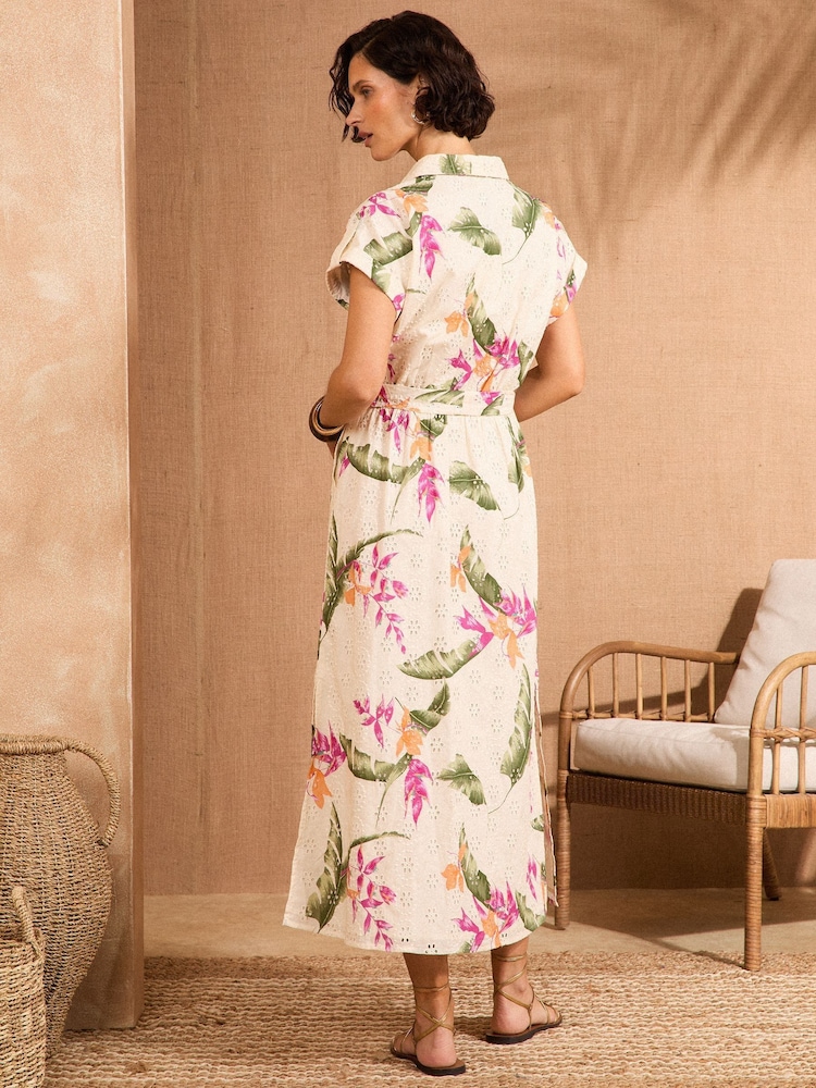 Love & Roses 100% Cotton Broderie Tie Belted Short Sleeve Midi Dress - Imagen 4 de 4
