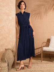 Love & Roses Navy Petite Pleated Tipped Scallop Midi Shirt Dress - Image 1 of 4